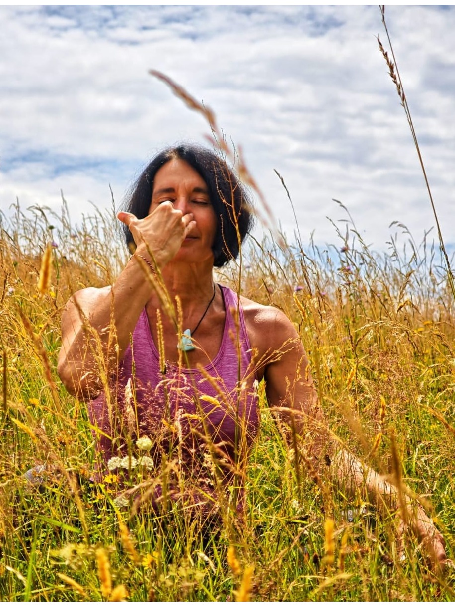 Zeigt ein Lungenpaar, das sich mit Luft füllt, visualisiert als leuchtende Energie. Der Hintergrund ist ein unscharfes Bild einer Person, die Pranayama (Atemübungen) praktiziert. Der Gesamtstil ist modern und wissenschaftlich, aber auch spirituell.